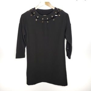 Zara Basic Black Lace-Up Collar Long Sleeved Dress